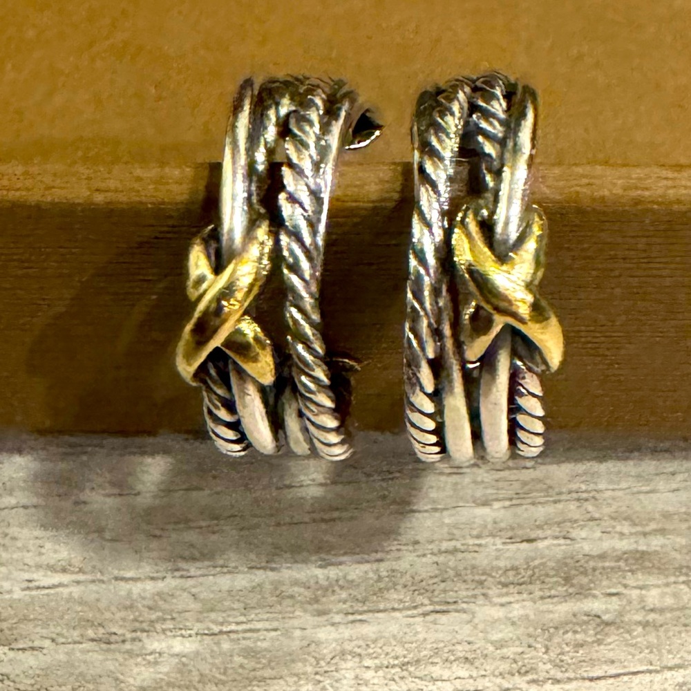 David Yurman Sterling Silver 14k Triple Cable Cross-over Pierced Earrings